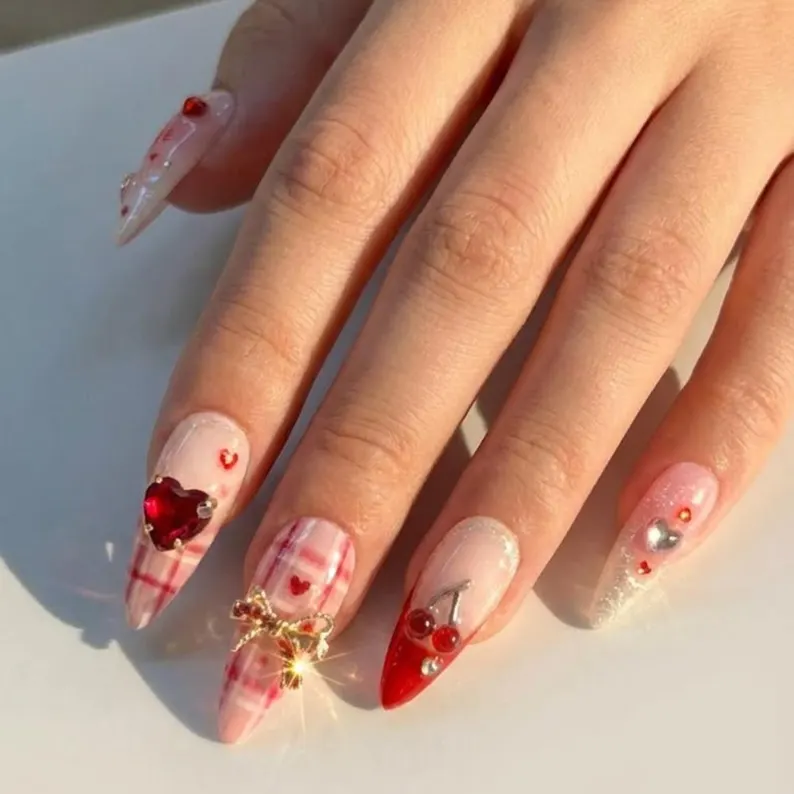 Coquette Valentine Press On Nails, 3D Cherry Bow, Pink Plaid, Handmade - Media 3