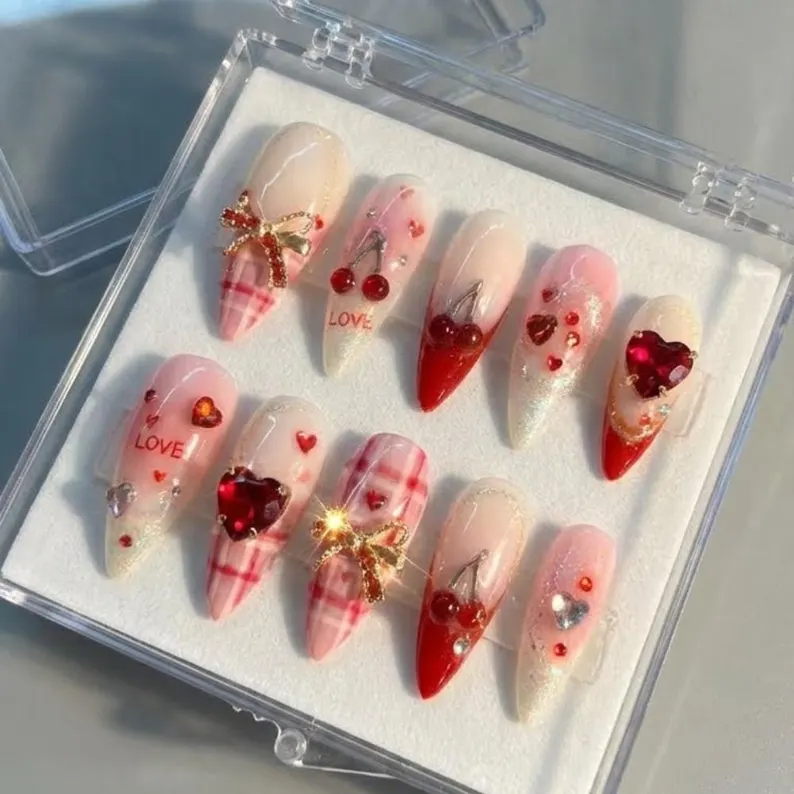Coquette Valentine Press On Nails, 3D Cherry Bow, Pink Plaid, Handmade - Media 4