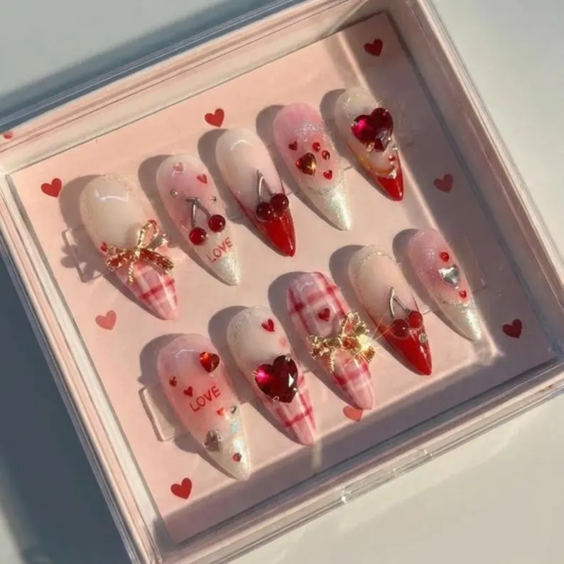 Coquette Valentine Press On Nails, 3D Cherry Bow, Pink Plaid, Handmade - Media 5