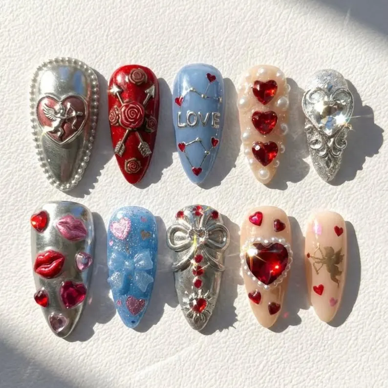3D Cupid Press On Nails, Chrome Heart, Valentine's Day Angel False Nails
