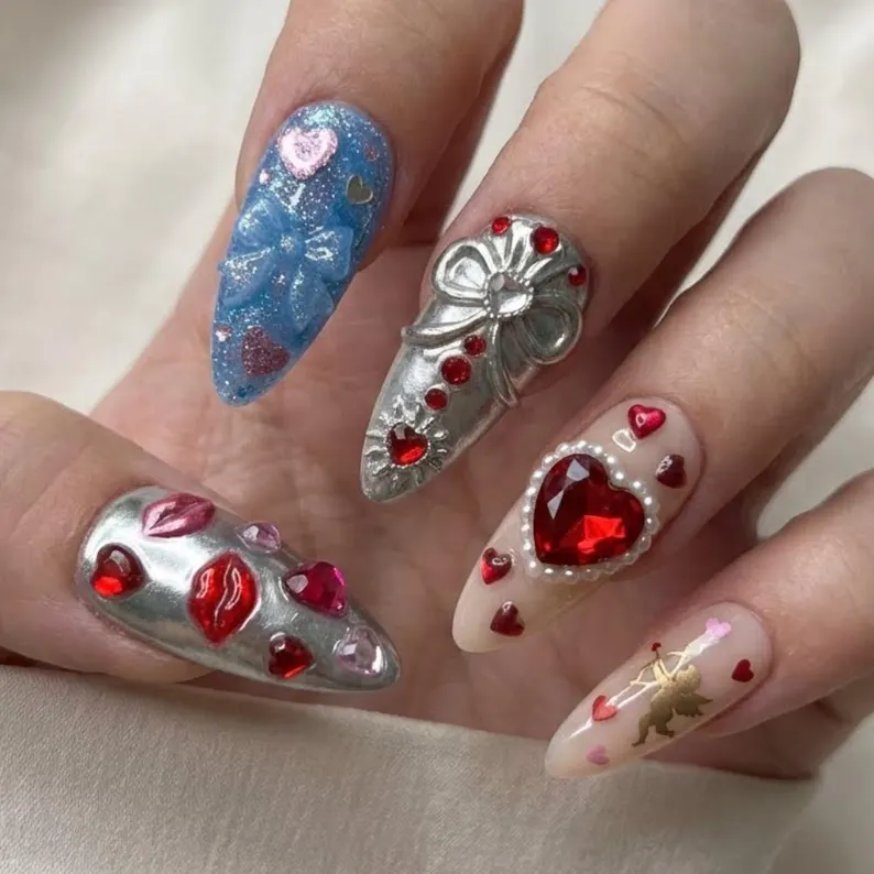 3D Cupid Press On Nails, Chrome Heart, Valentine's Day Angel False Nails - Media 2