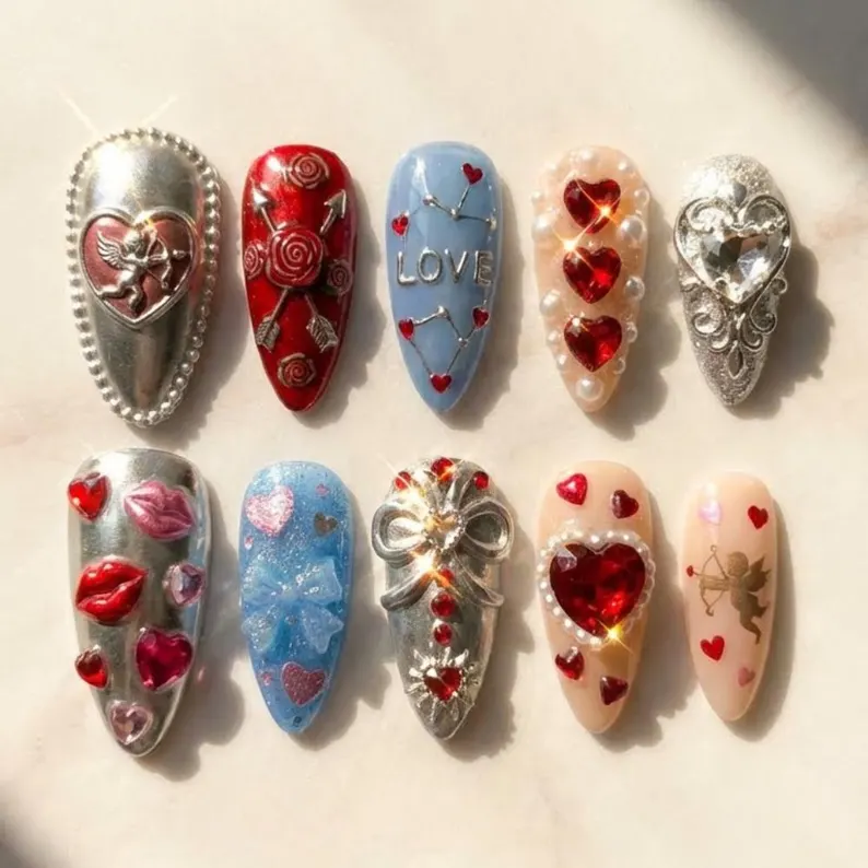 3D Cupid Press On Nails, Chrome Heart, Valentine's Day Angel False Nails - Media 3