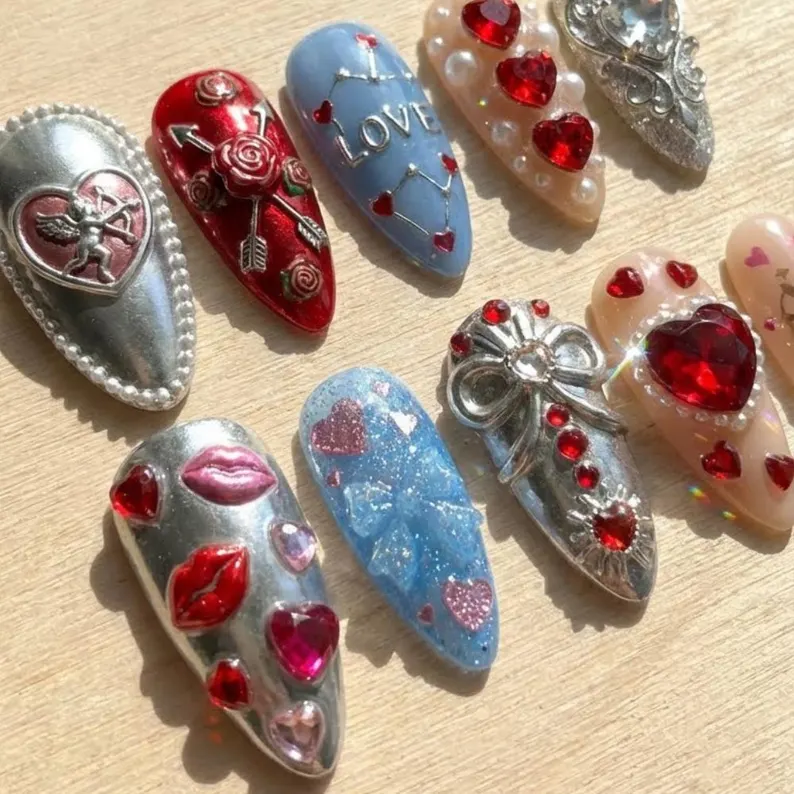 3D Cupid Press On Nails, Chrome Heart, Valentine's Day Angel False Nails - Media 4
