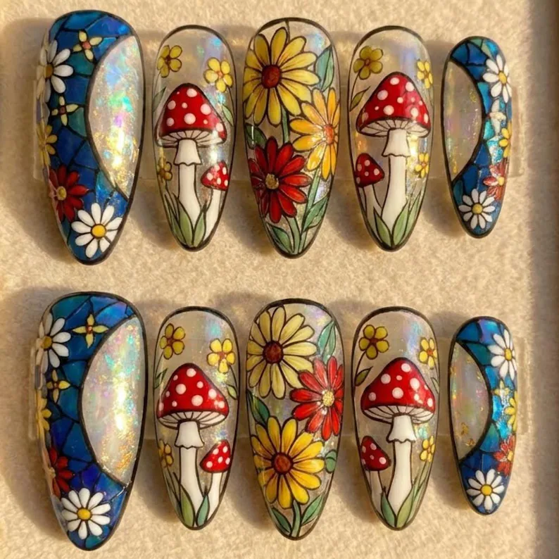 Mushroom Flower Press On Nails, Iridescent Stained Glass, Hand-Painted Cottagecore