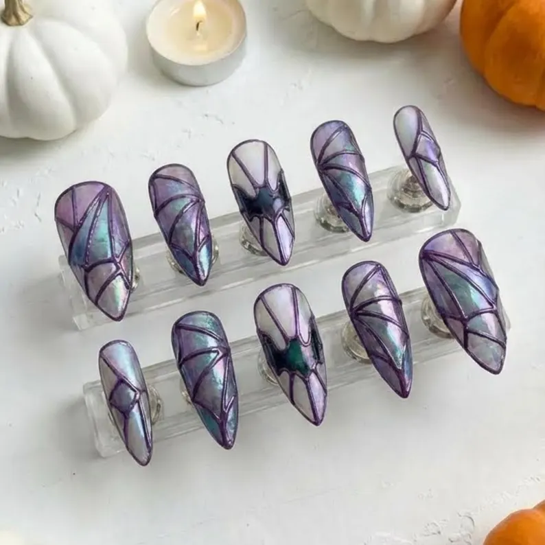 Stained Glass Bat Press On Nails, Iridescent Purple, Halloween Stiletto