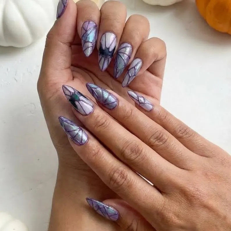 Stained Glass Bat Press On Nails, Iridescent Purple, Halloween Stiletto - Media 2