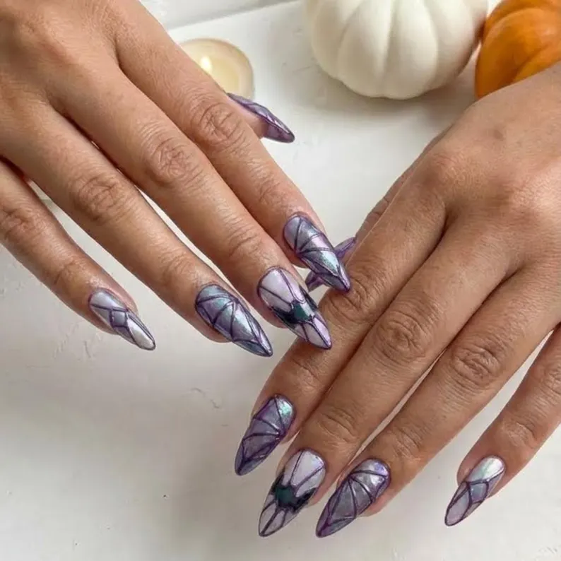 Stained Glass Bat Press On Nails, Iridescent Purple, Halloween Stiletto - Media 3