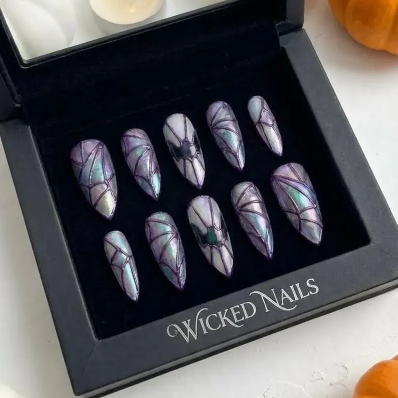 Stained Glass Bat Press On Nails, Iridescent Purple, Halloween Stiletto - Media 4