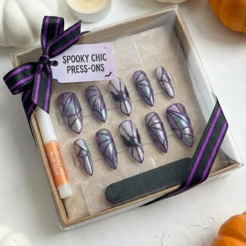 Stained Glass Bat Press On Nails, Iridescent Purple, Halloween Stiletto - Media 5