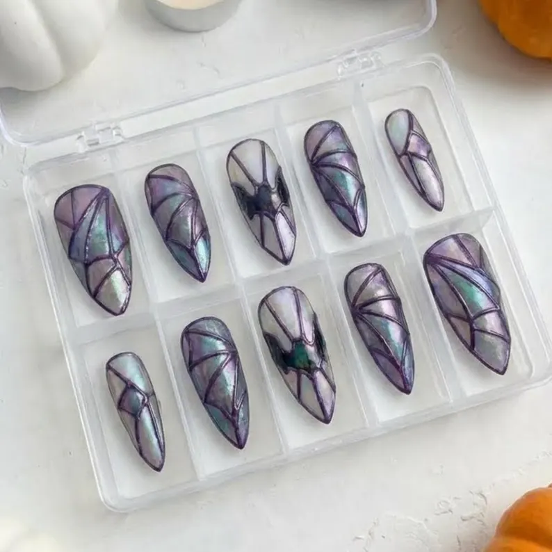 Stained Glass Bat Press On Nails, Iridescent Purple, Halloween Stiletto - Media 6