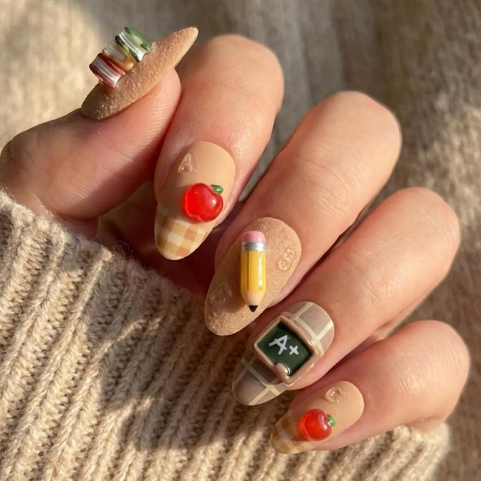 3D Apple Pencil Press On Nails, Matte Teacher, Reusable Fake