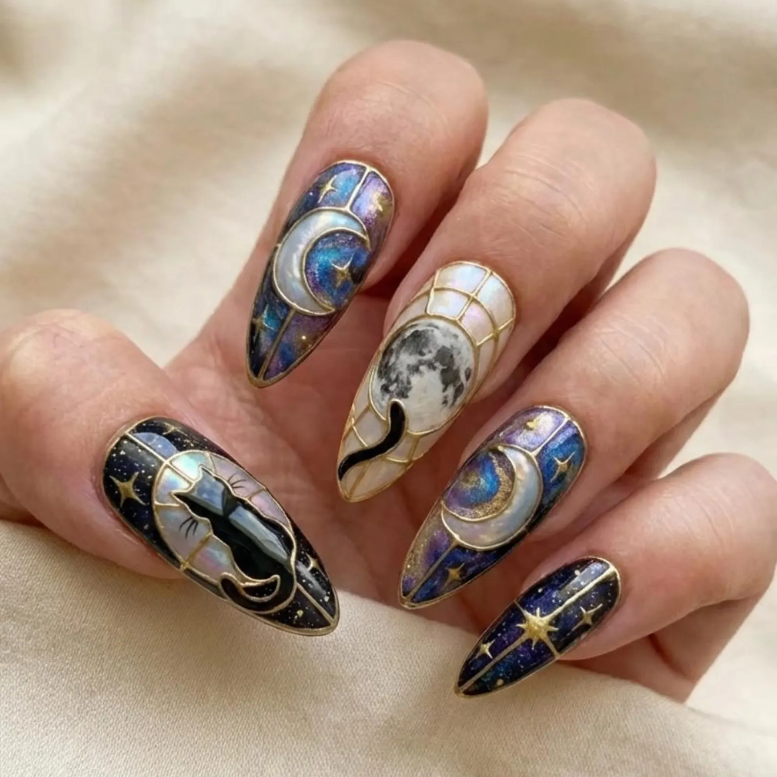 Celestial Black Cat Press On Nails, Galaxy Stained Glass Nail Art