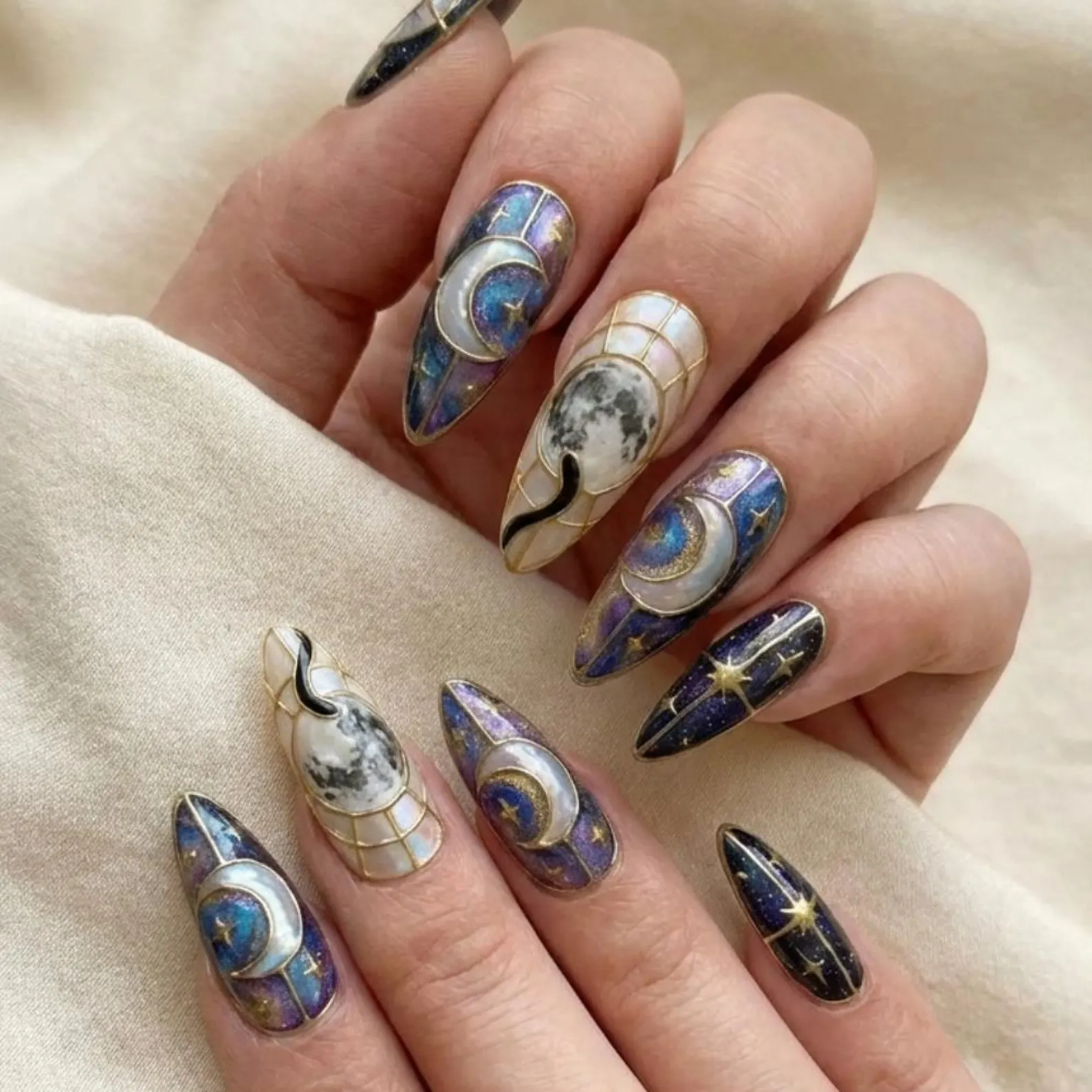 Celestial Black Cat Press On Nails, Galaxy Stained Glass Nail Art - Media 2