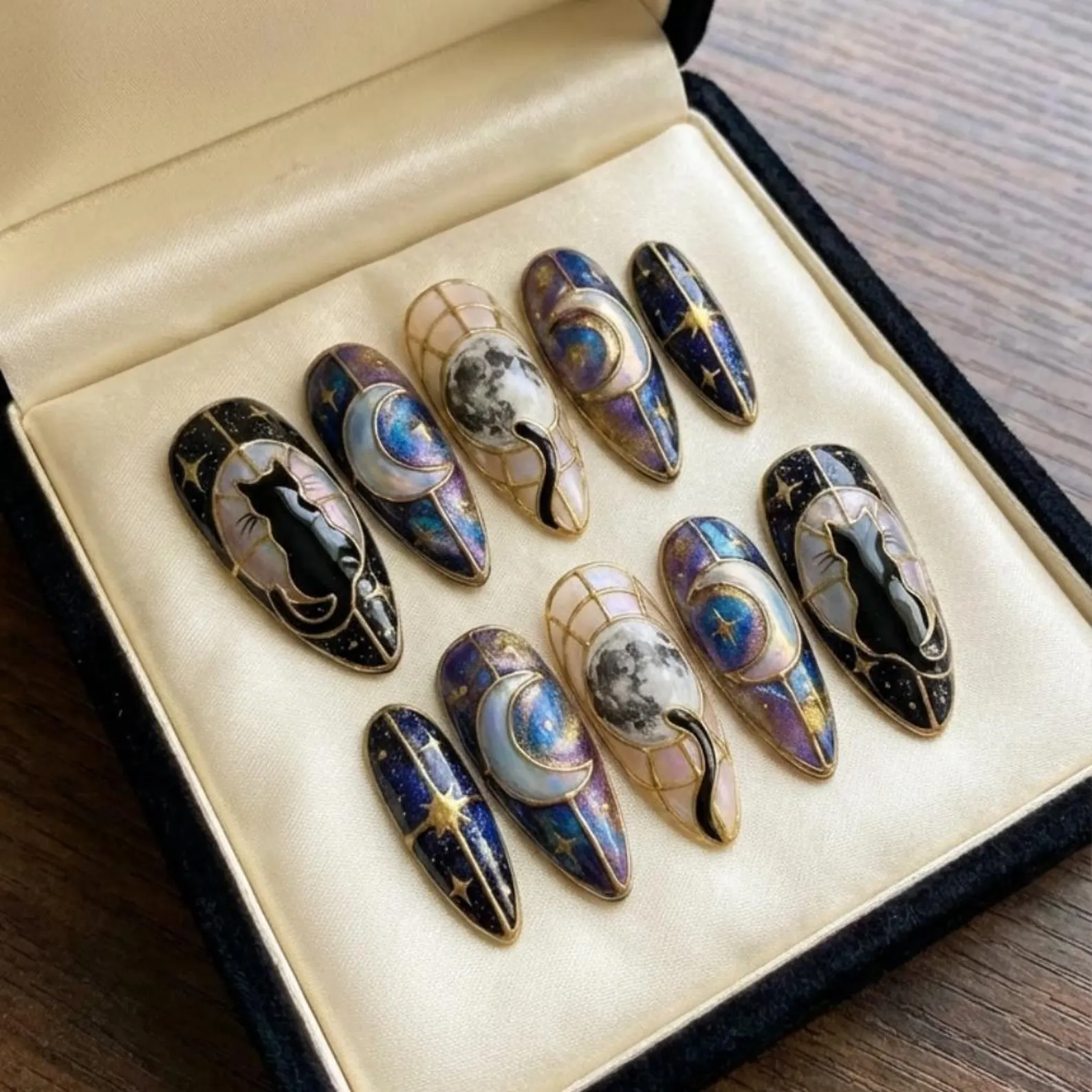 Celestial Black Cat Press On Nails, Galaxy Stained Glass Nail Art - Media 3
