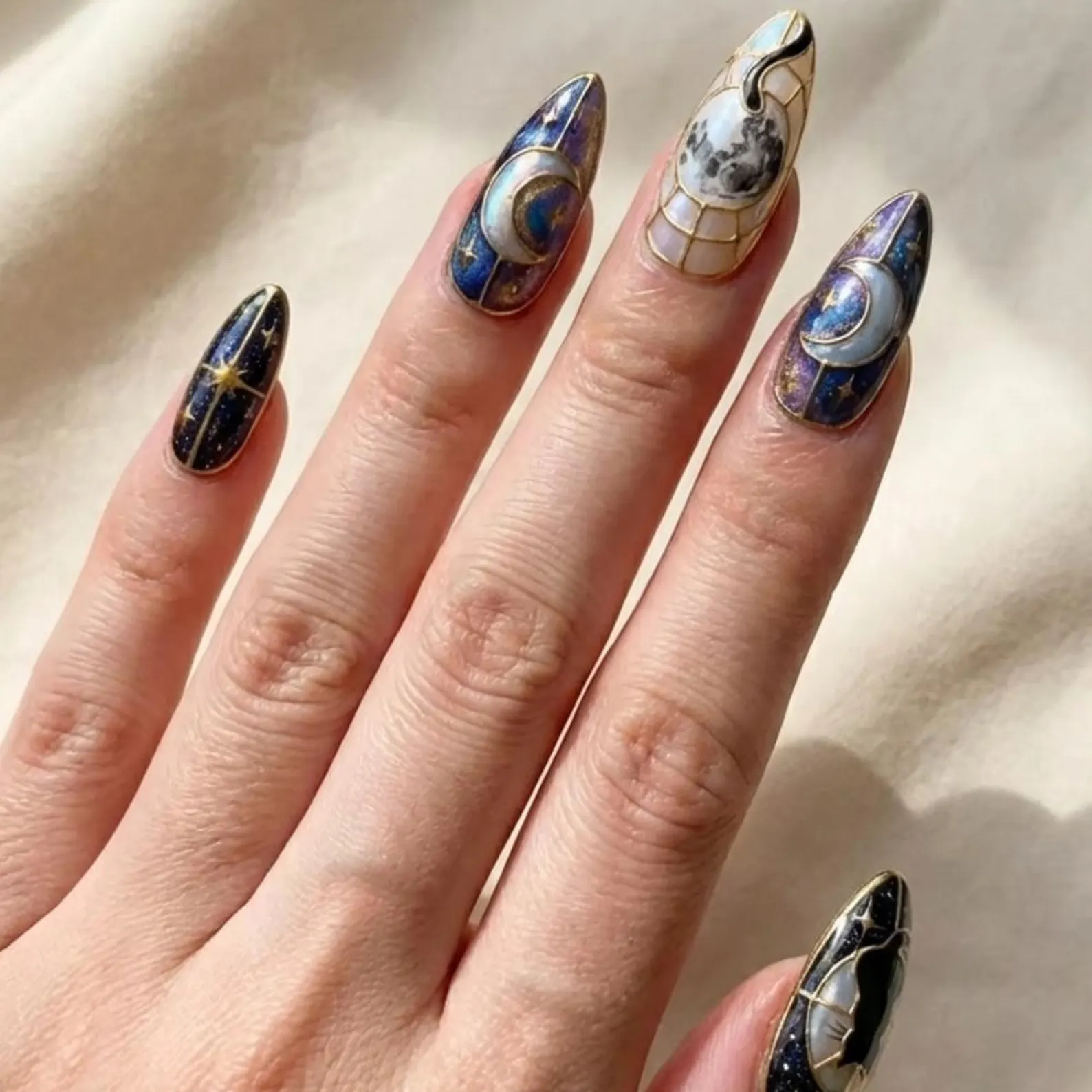 Celestial Black Cat Press On Nails, Galaxy Stained Glass Nail Art - Media 4