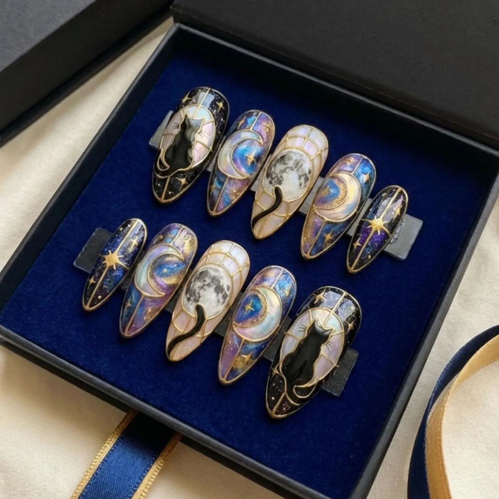 Celestial Black Cat Press On Nails, Galaxy Stained Glass Nail Art - Media 5