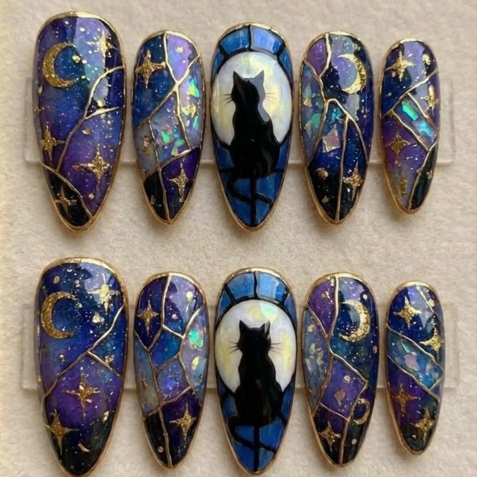 Mystical Black Cat Press On Nails, Stained Glass Galaxy Art, Handmade