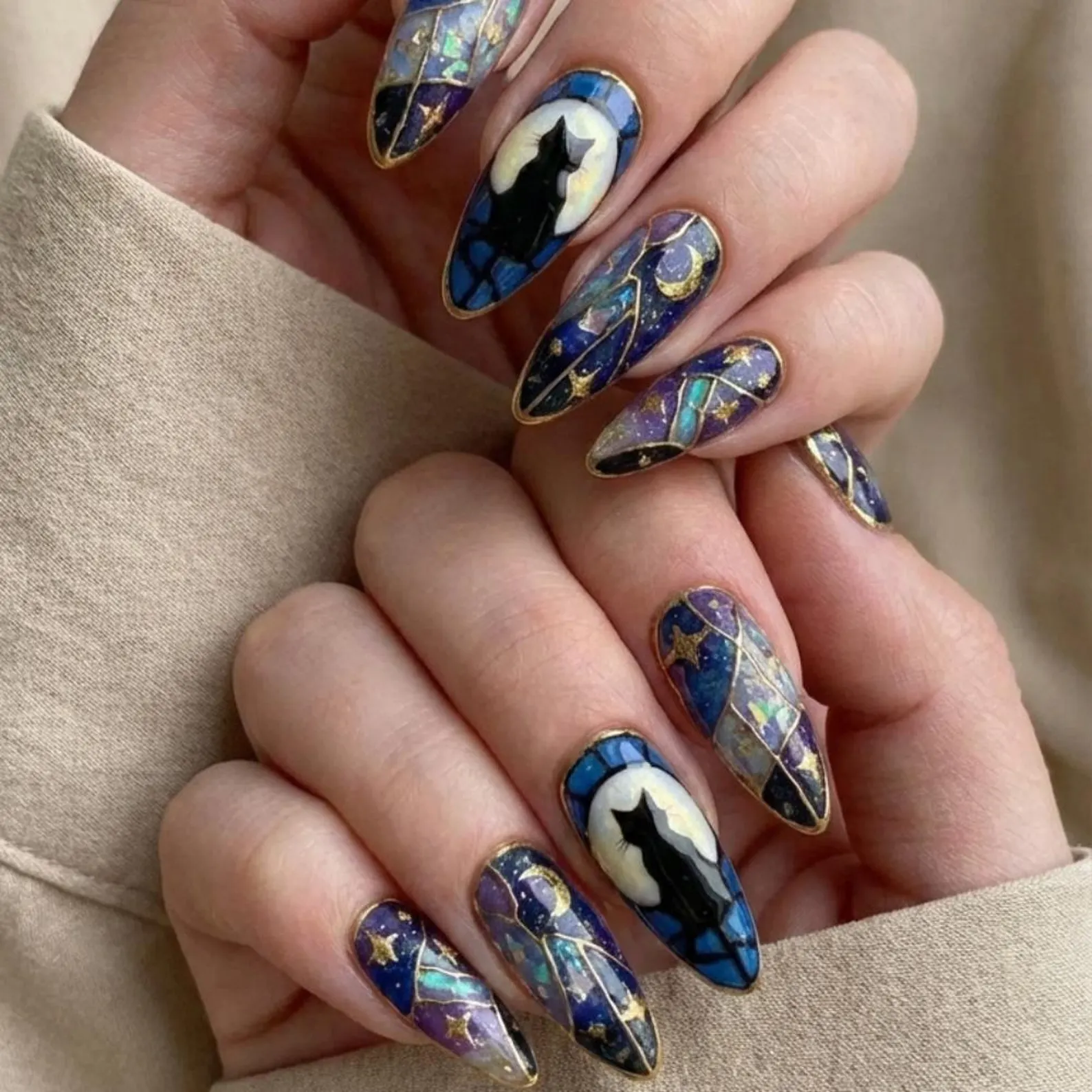 Mystical Black Cat Press On Nails, Stained Glass Galaxy Art, Handmade - Media 3