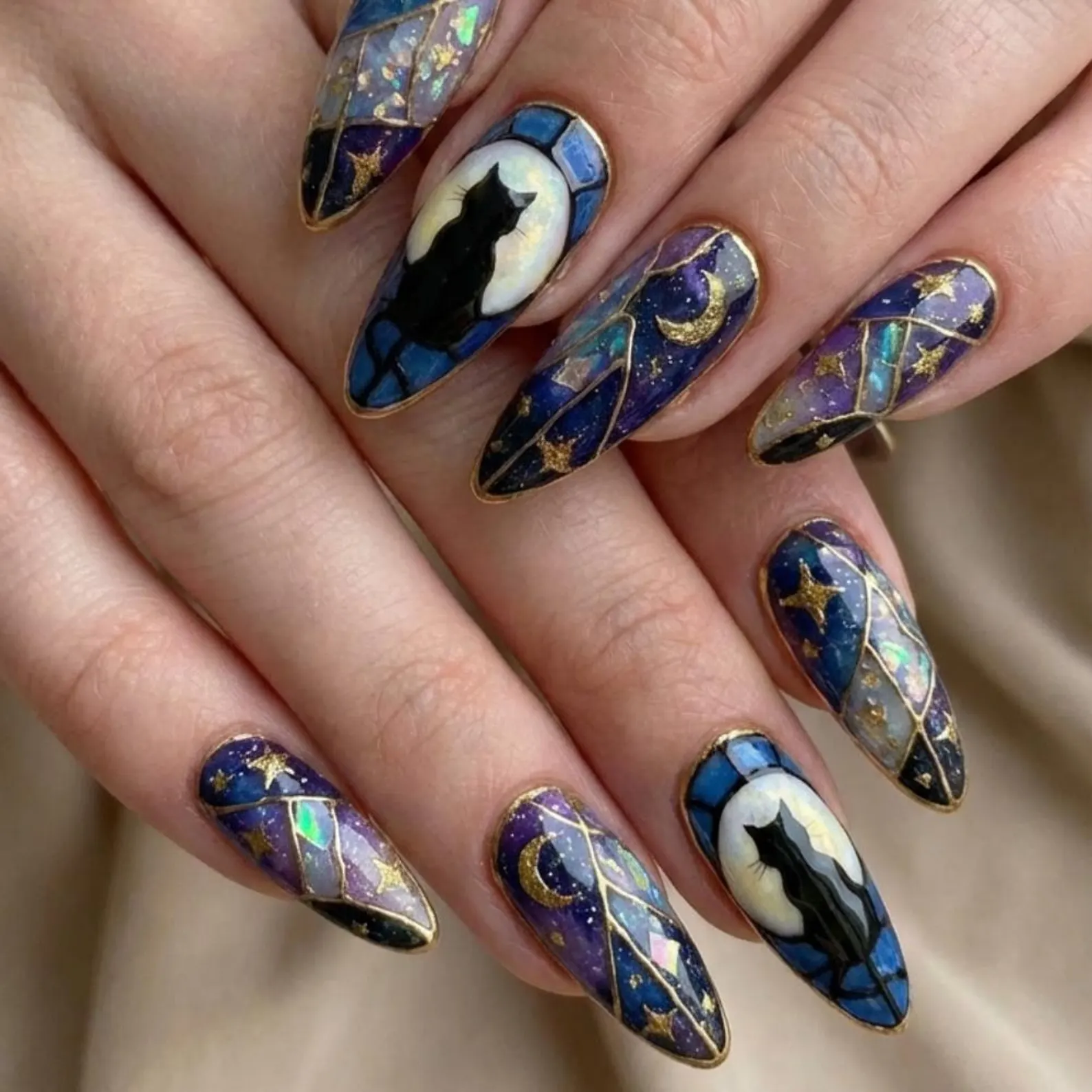 Mystical Black Cat Press On Nails, Stained Glass Galaxy Art, Handmade - Media 5