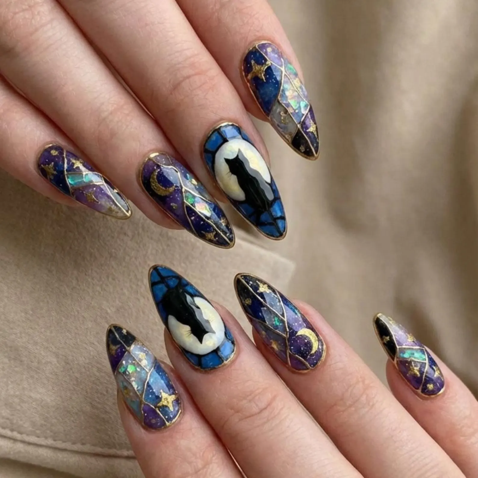 Mystical Black Cat Press On Nails, Stained Glass Galaxy Art, Handmade - Media 6