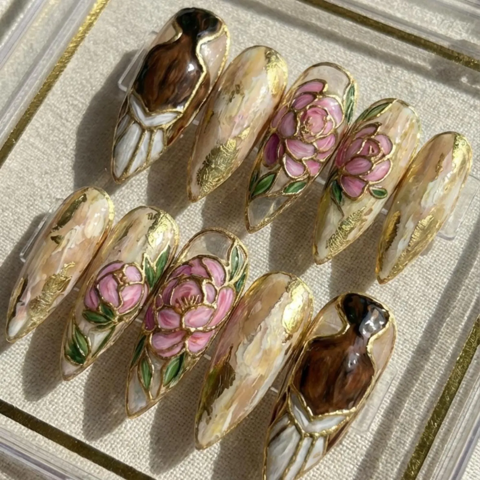 Hand-Painted Press On Nails, Black Girl Art, Peony & Gold Leaf - Media 2