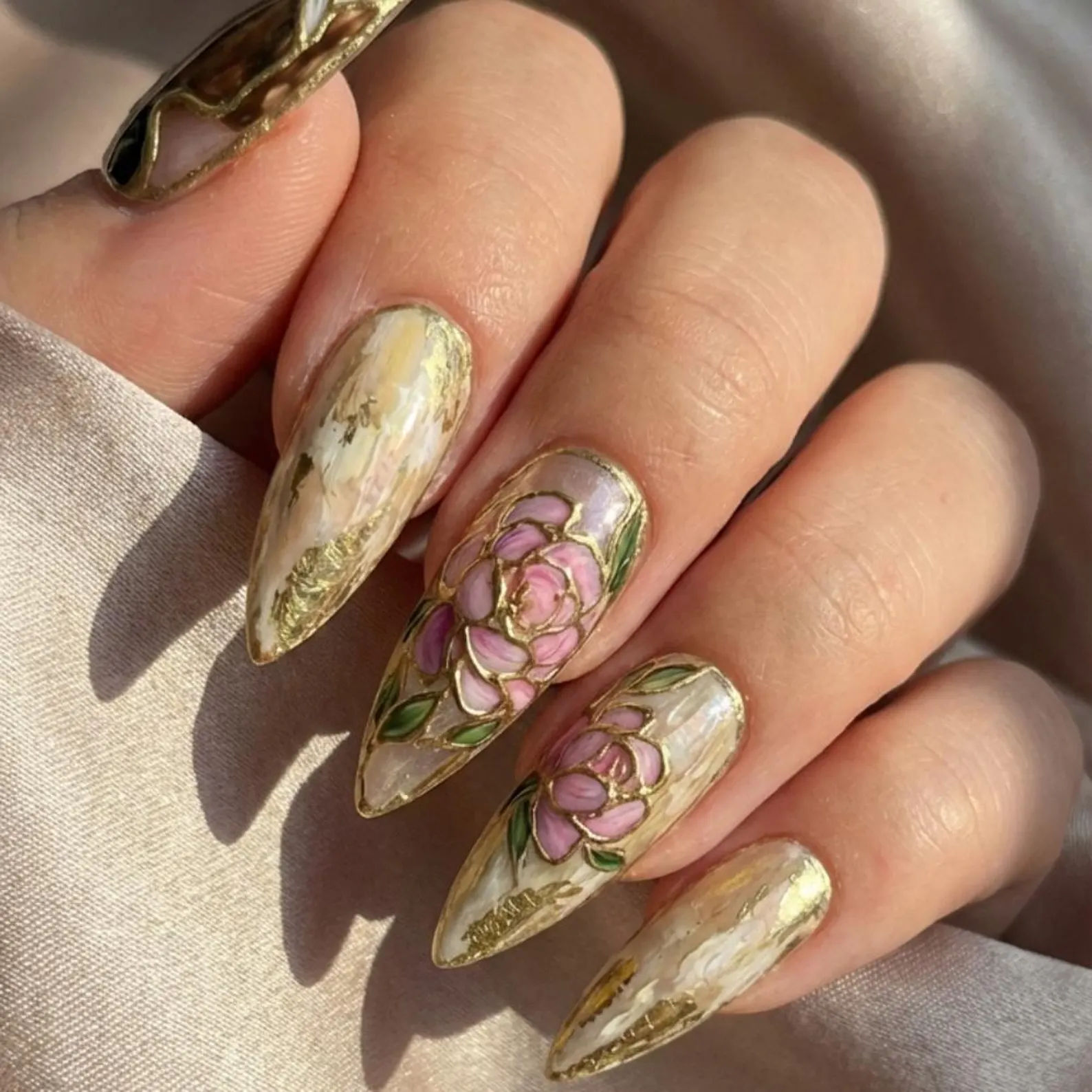 Hand-Painted Press On Nails, Black Girl Art, Peony & Gold Leaf - Media 3