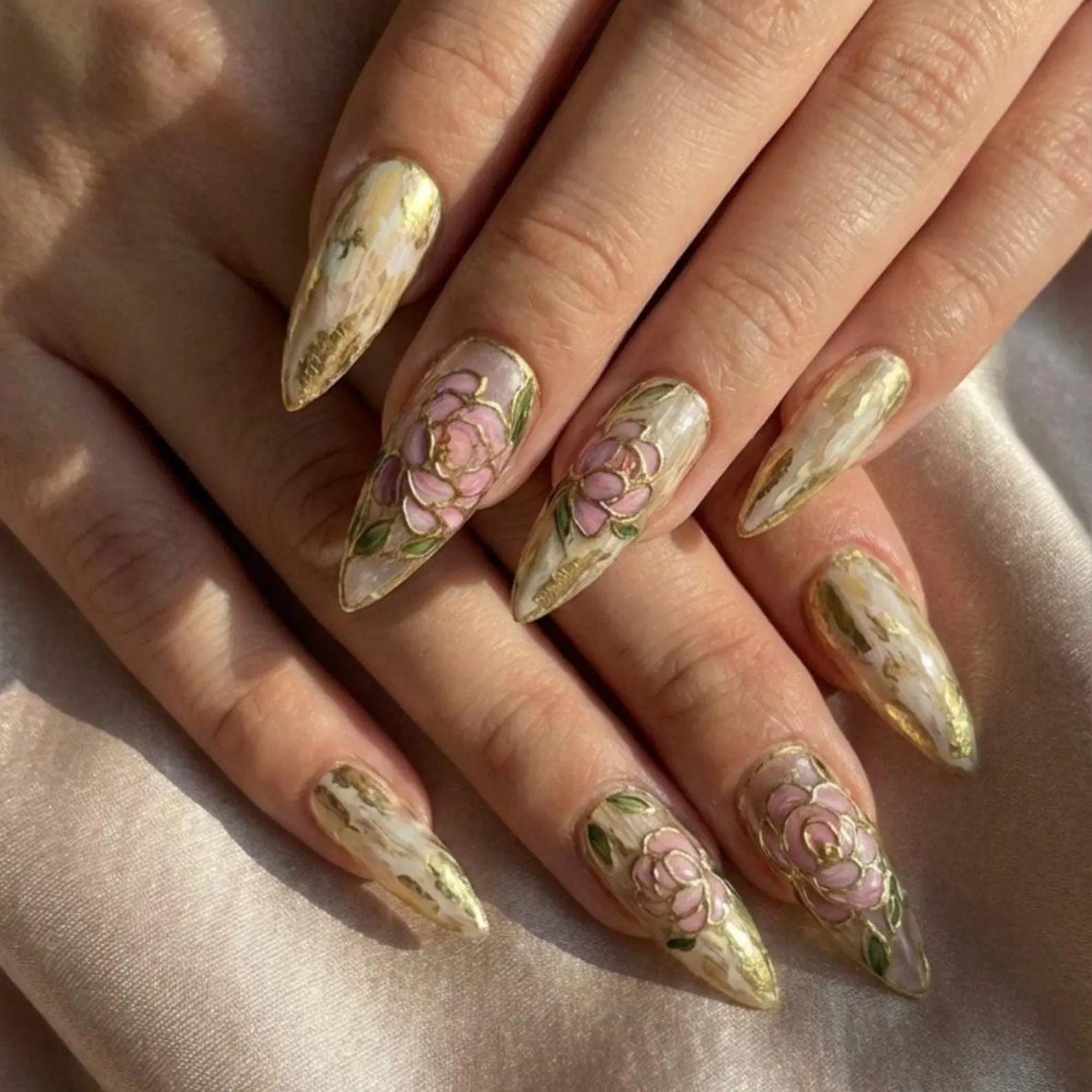 Hand-Painted Press On Nails, Black Girl Art, Peony & Gold Leaf - Media 5