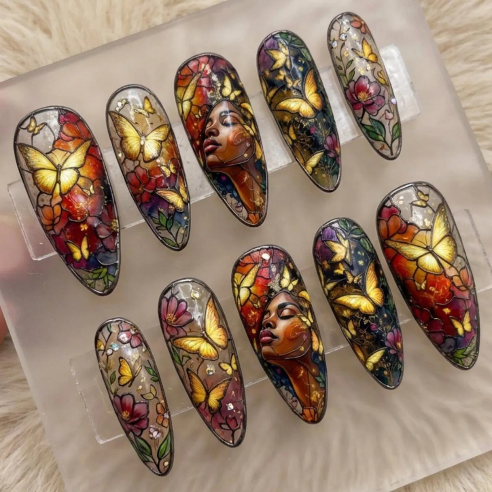 Stained Glass Butterfly Press On Nails, Melanin Goddess Portrait, Reusable Luxury Nails