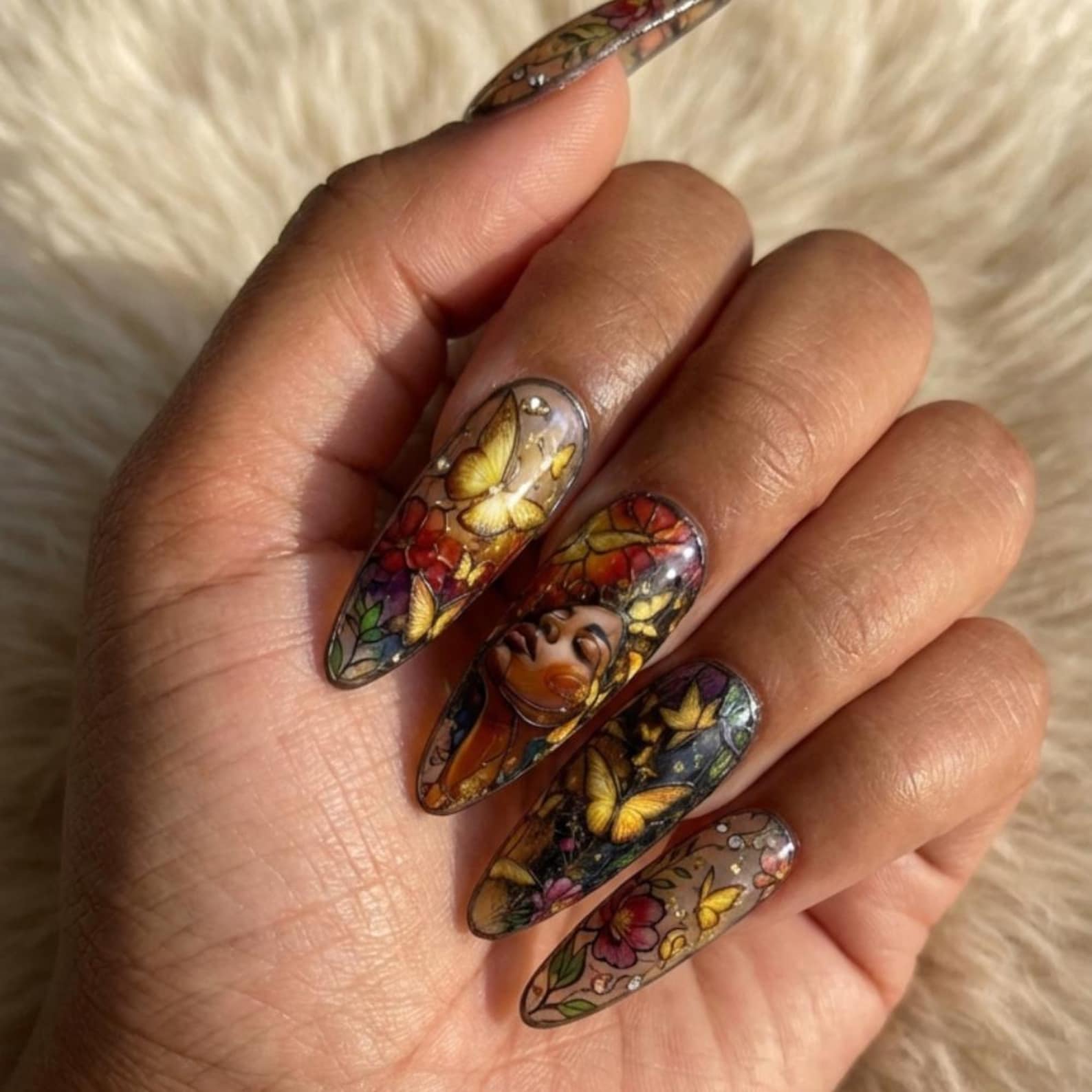 Stained Glass Butterfly Press On Nails, Melanin Goddess Portrait, Reusable Luxury Nails - Media 2