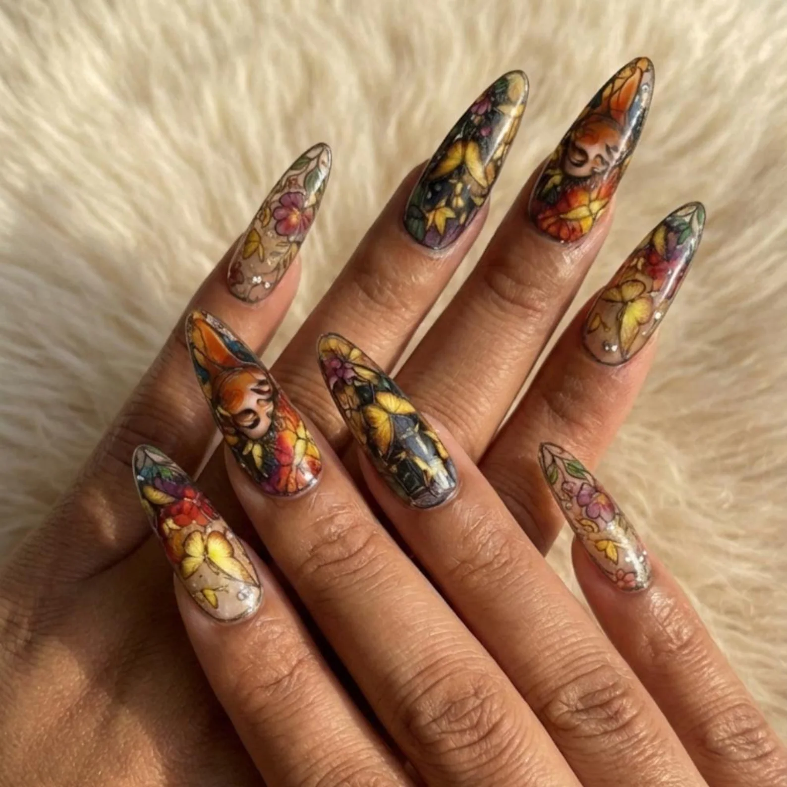 Stained Glass Butterfly Press On Nails, Melanin Goddess Portrait, Reusable Luxury Nails - Media 4