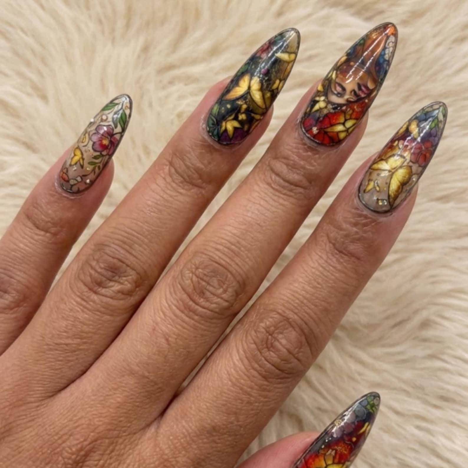 Stained Glass Butterfly Press On Nails, Melanin Goddess Portrait, Reusable Luxury Nails - Media 5