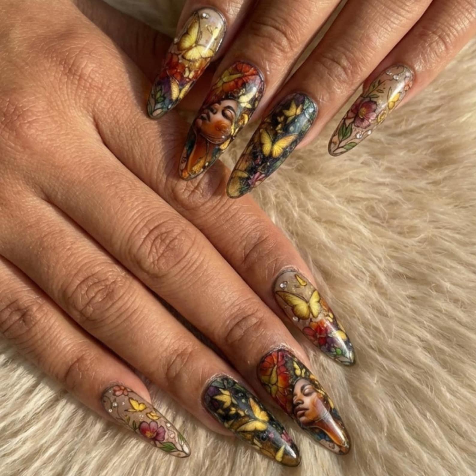 Stained Glass Butterfly Press On Nails, Melanin Goddess Portrait, Reusable Luxury Nails - Media 6