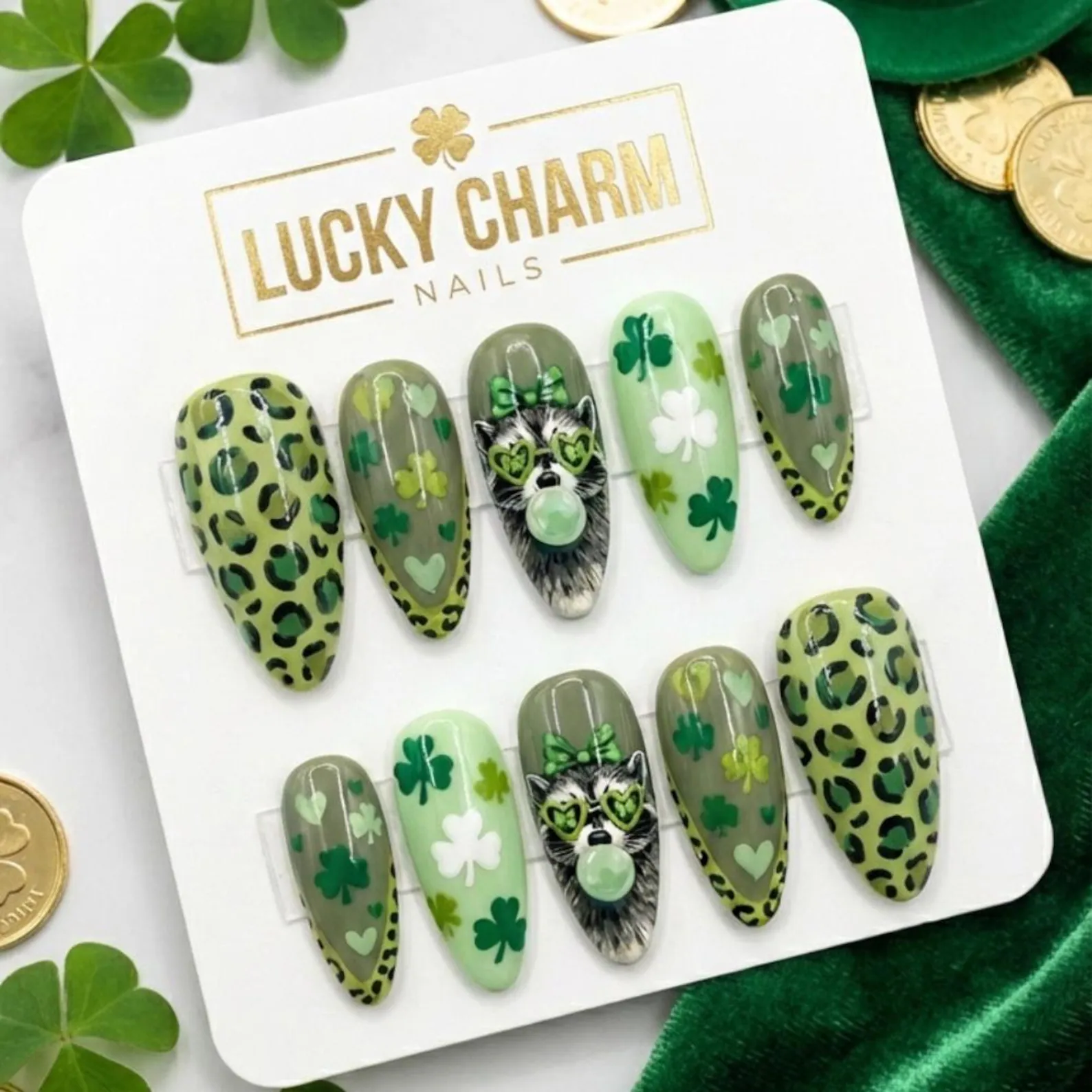 Hand-Painted St. Patrick's Day Press On Nails, Lucky Raccoon, Green Leopard & Shamrock