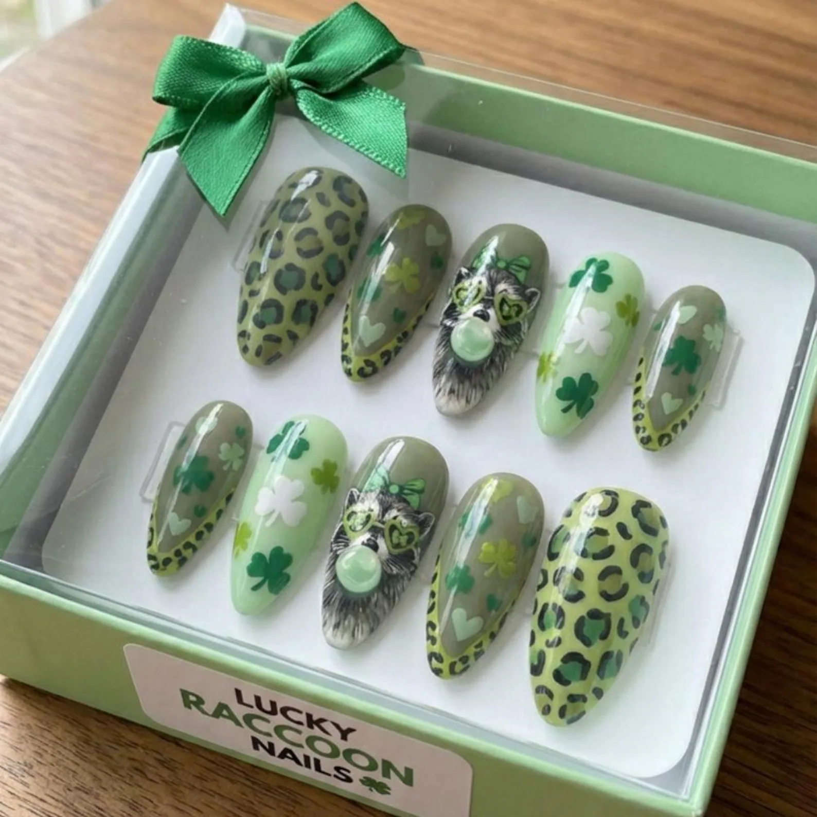 Hand-Painted St. Patrick's Day Press On Nails, Lucky Raccoon, Green Leopard & Shamrock - Media 2