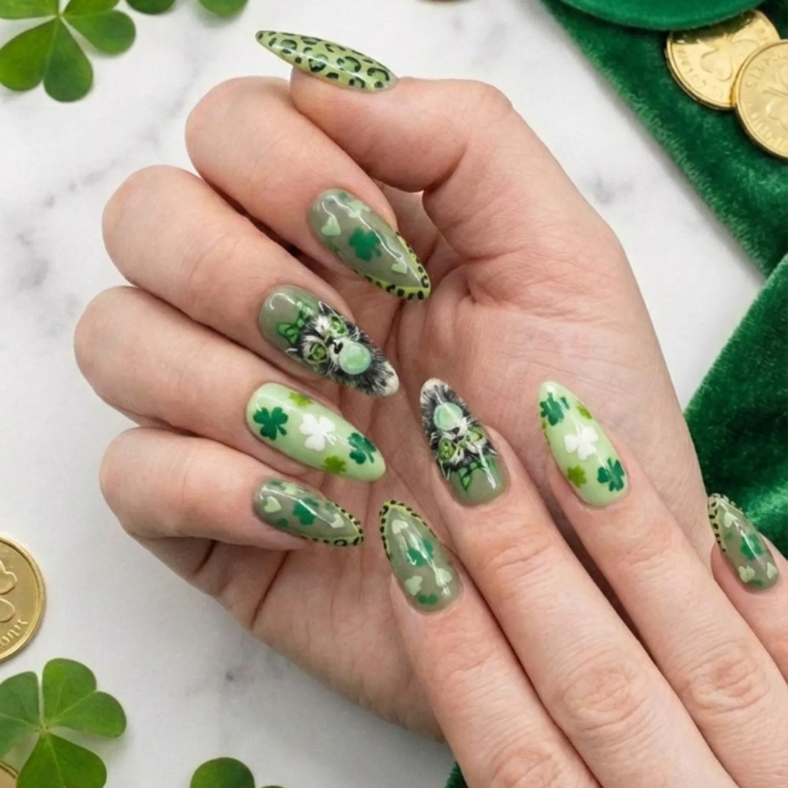 Hand-Painted St. Patrick's Day Press On Nails, Lucky Raccoon, Green Leopard & Shamrock - Media 3