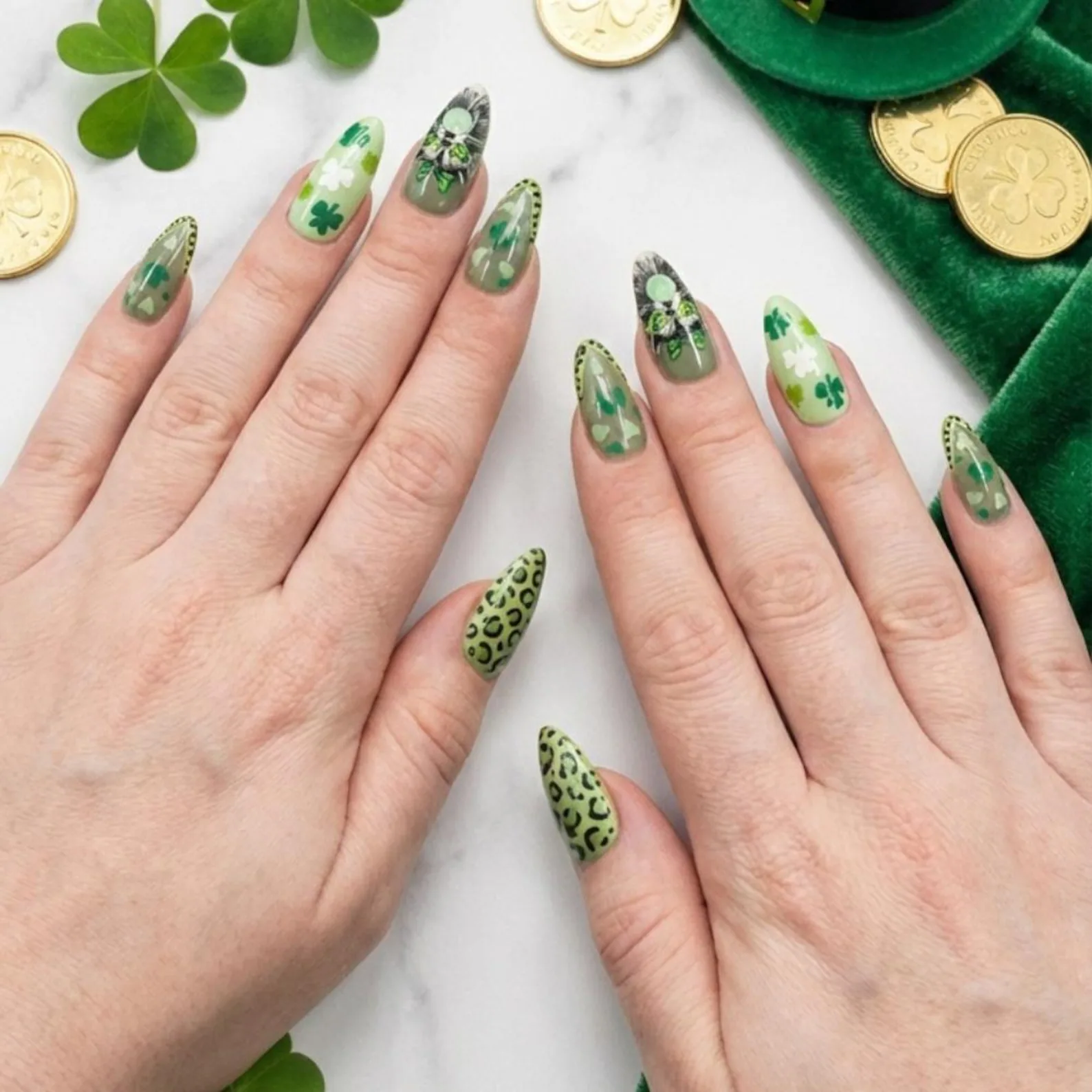 Hand-Painted St. Patrick's Day Press On Nails, Lucky Raccoon, Green Leopard & Shamrock - Media 4