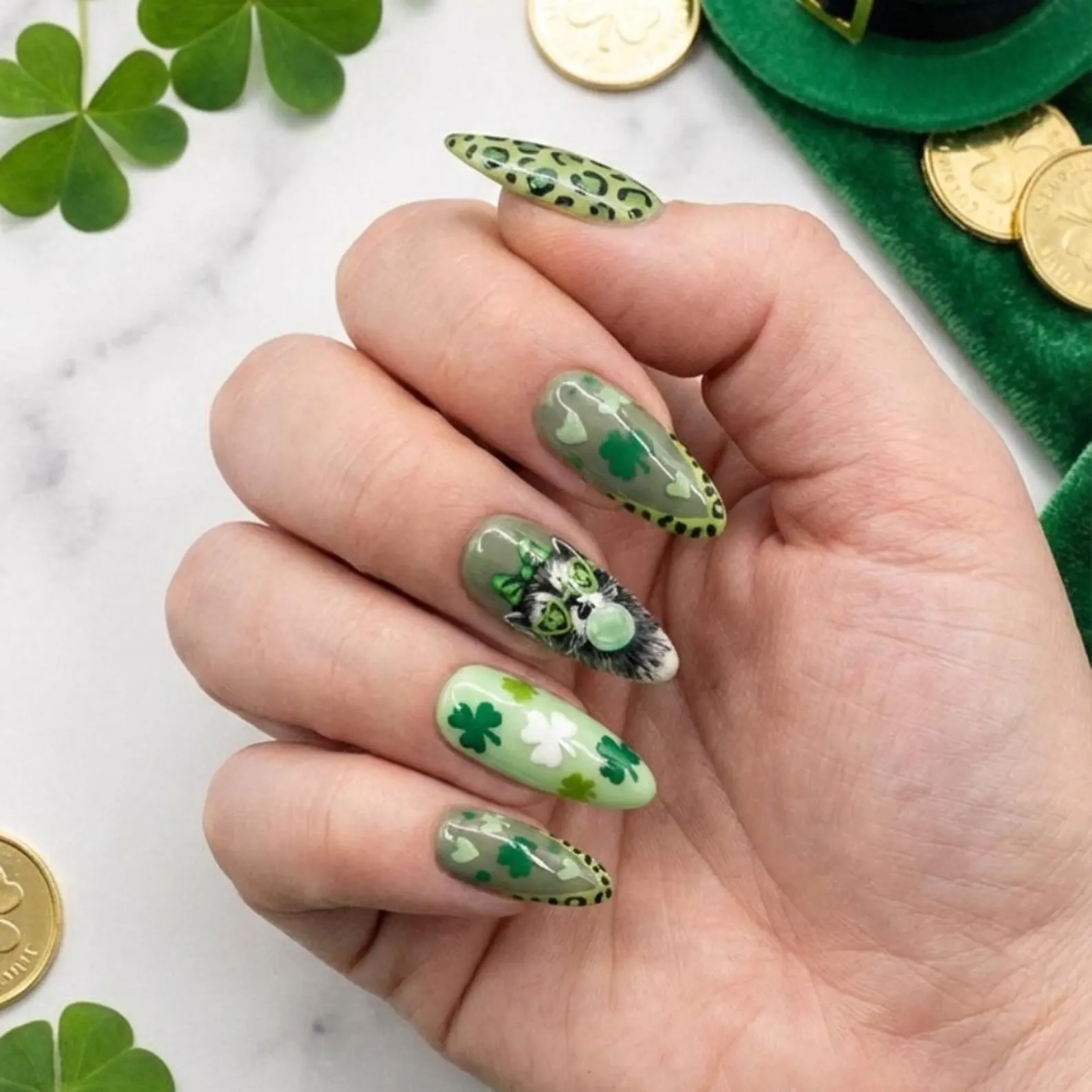 Hand-Painted St. Patrick's Day Press On Nails, Lucky Raccoon, Green Leopard & Shamrock - Media 5