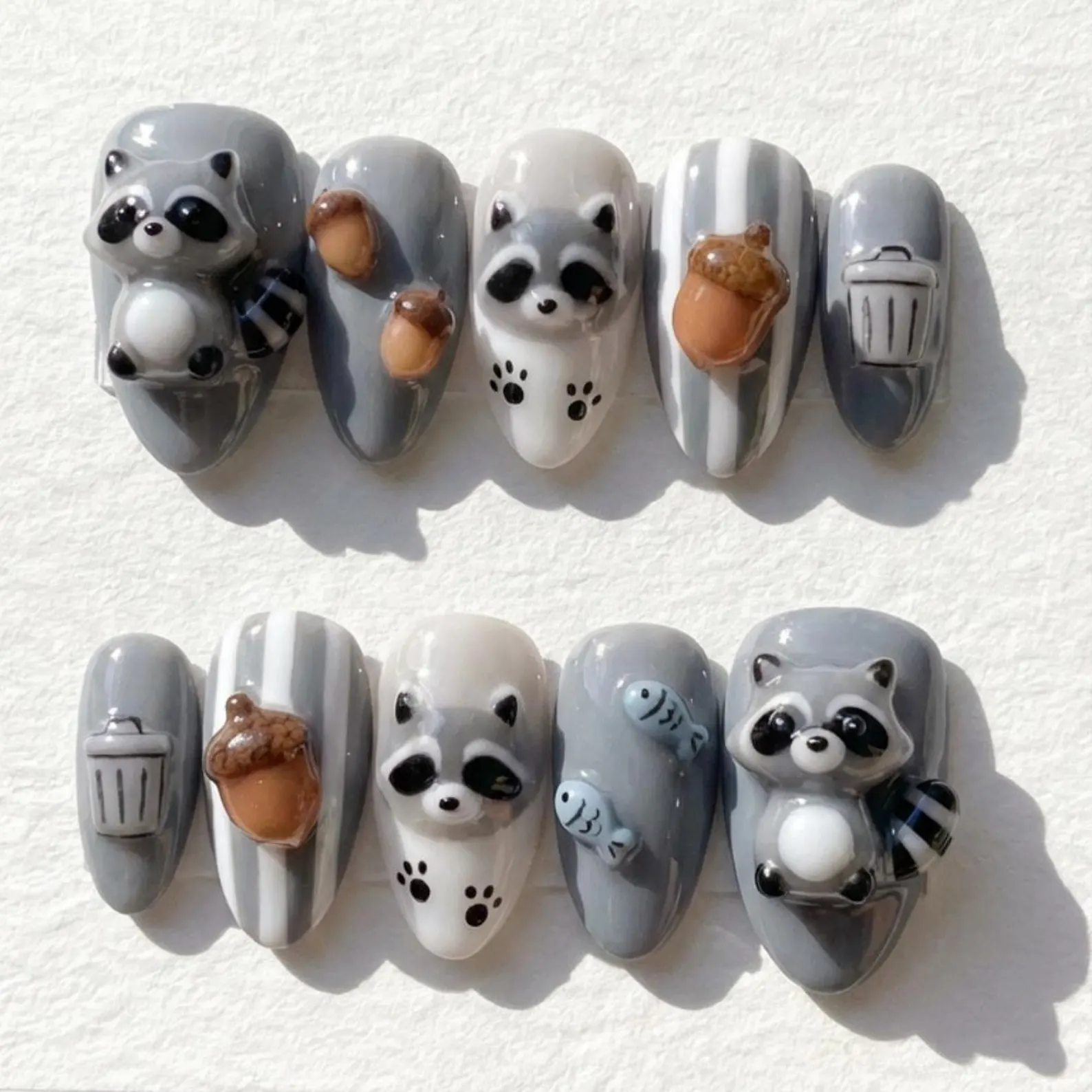 3D Raccoon Press On Nails, Trash Panda Nail Art, Handmade False Nails