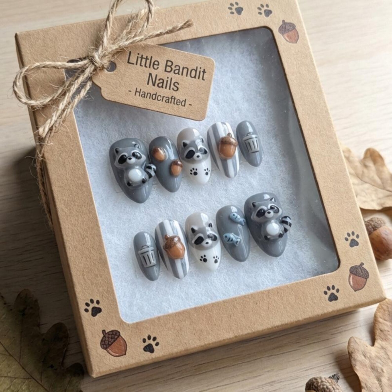 3D Raccoon Press On Nails, Trash Panda Nail Art, Handmade False Nails - Media 5