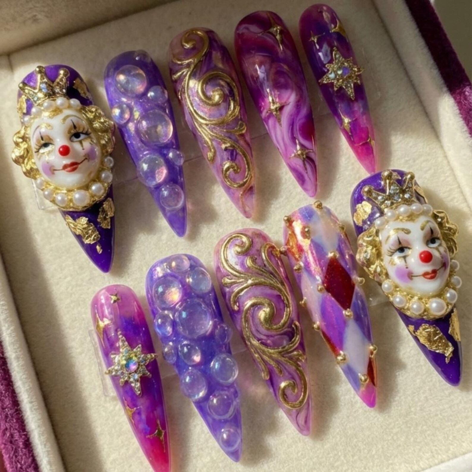 Handmade 3D Pierrot Press On Nails, Gold Baroque, Purple Marble, Clowncore