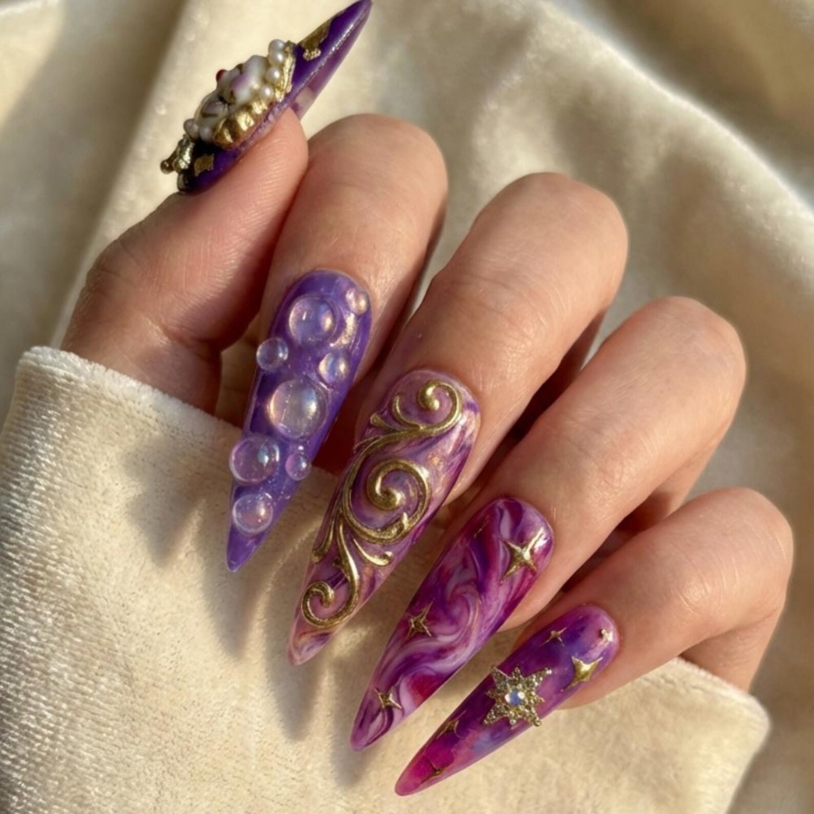 Handmade 3D Pierrot Press On Nails, Gold Baroque, Purple Marble, Clowncore - Media 2