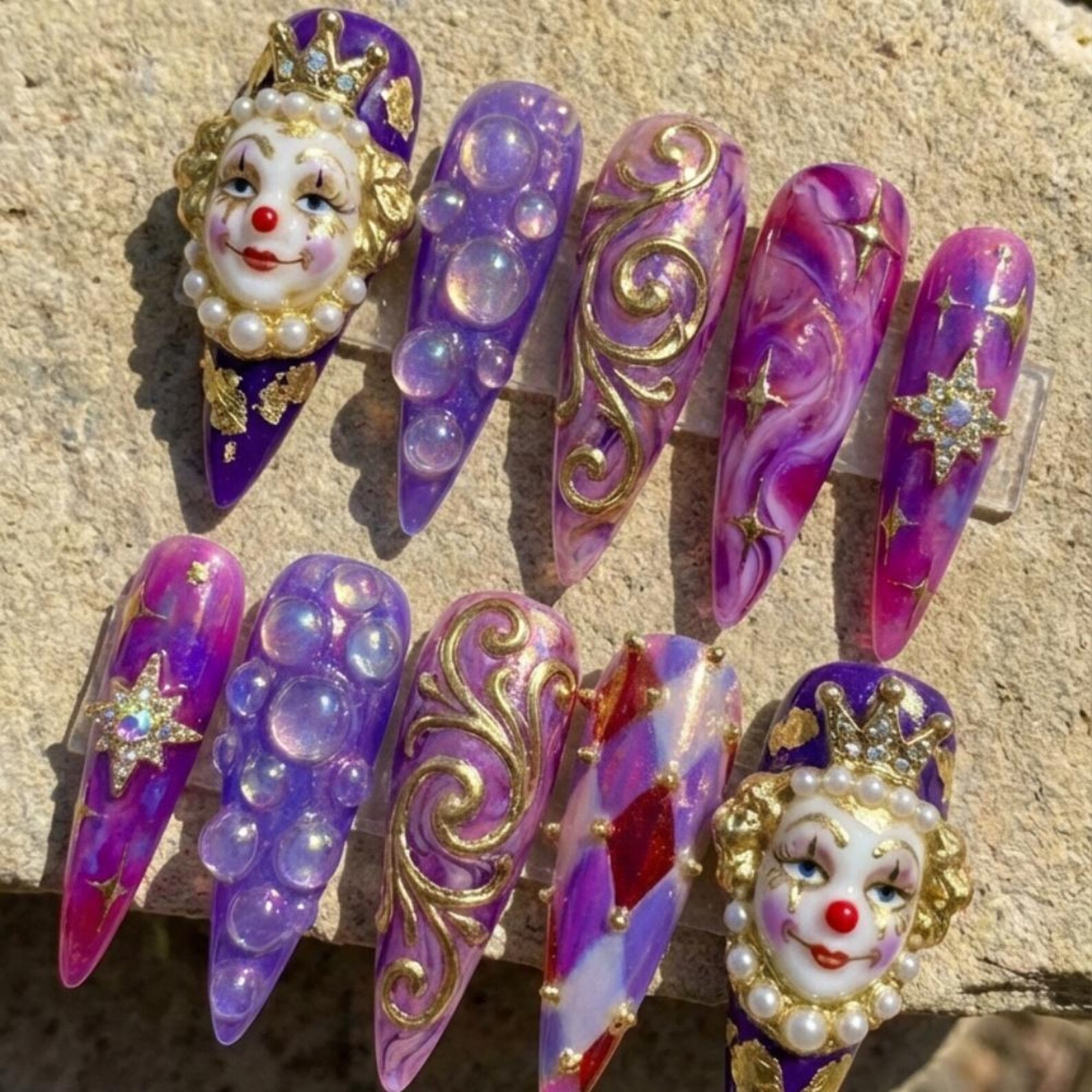 Handmade 3D Pierrot Press On Nails, Gold Baroque, Purple Marble, Clowncore - Media 4