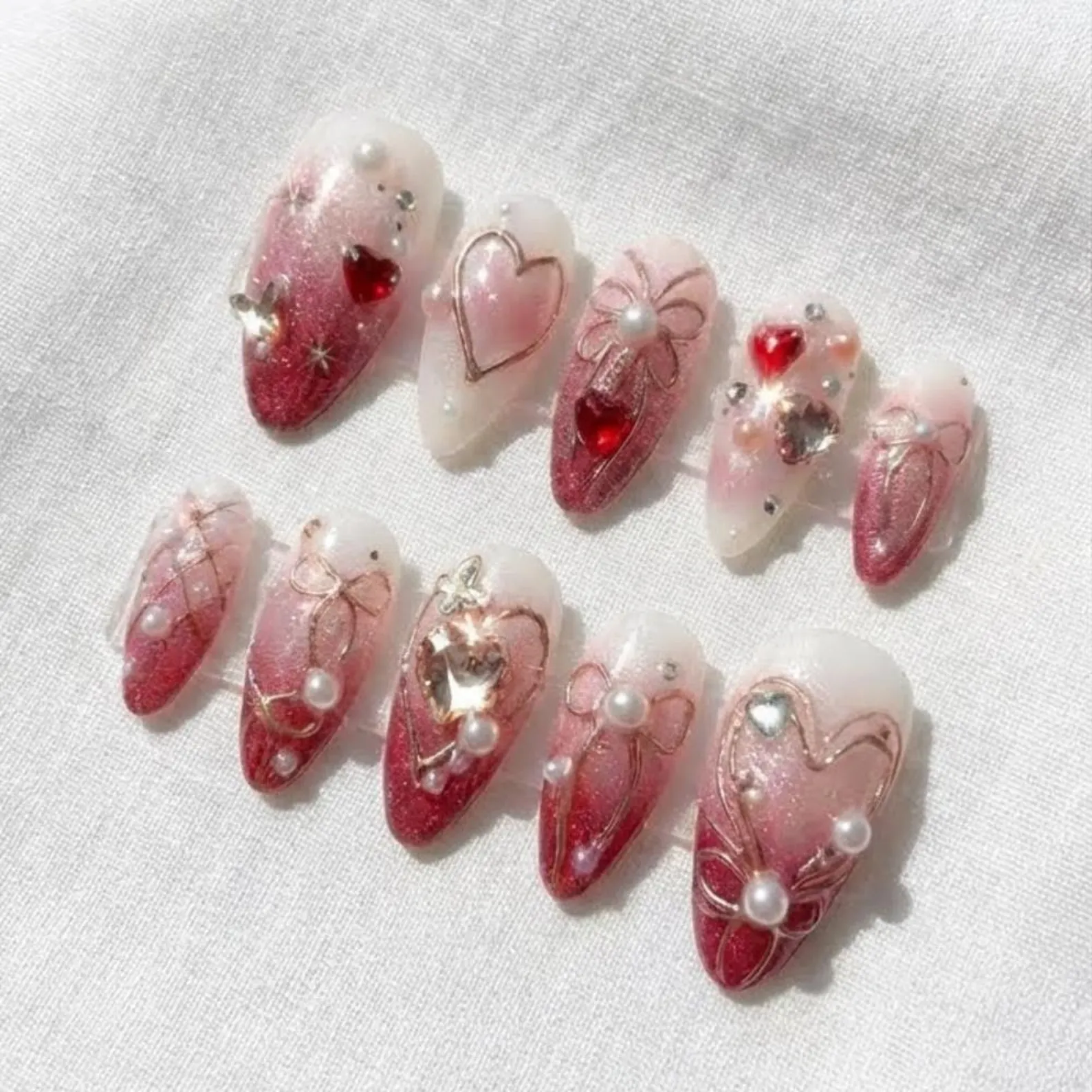 Valentine's Day Press On Nails, 3D Heart Bow, Shimmery Coquette Pearl