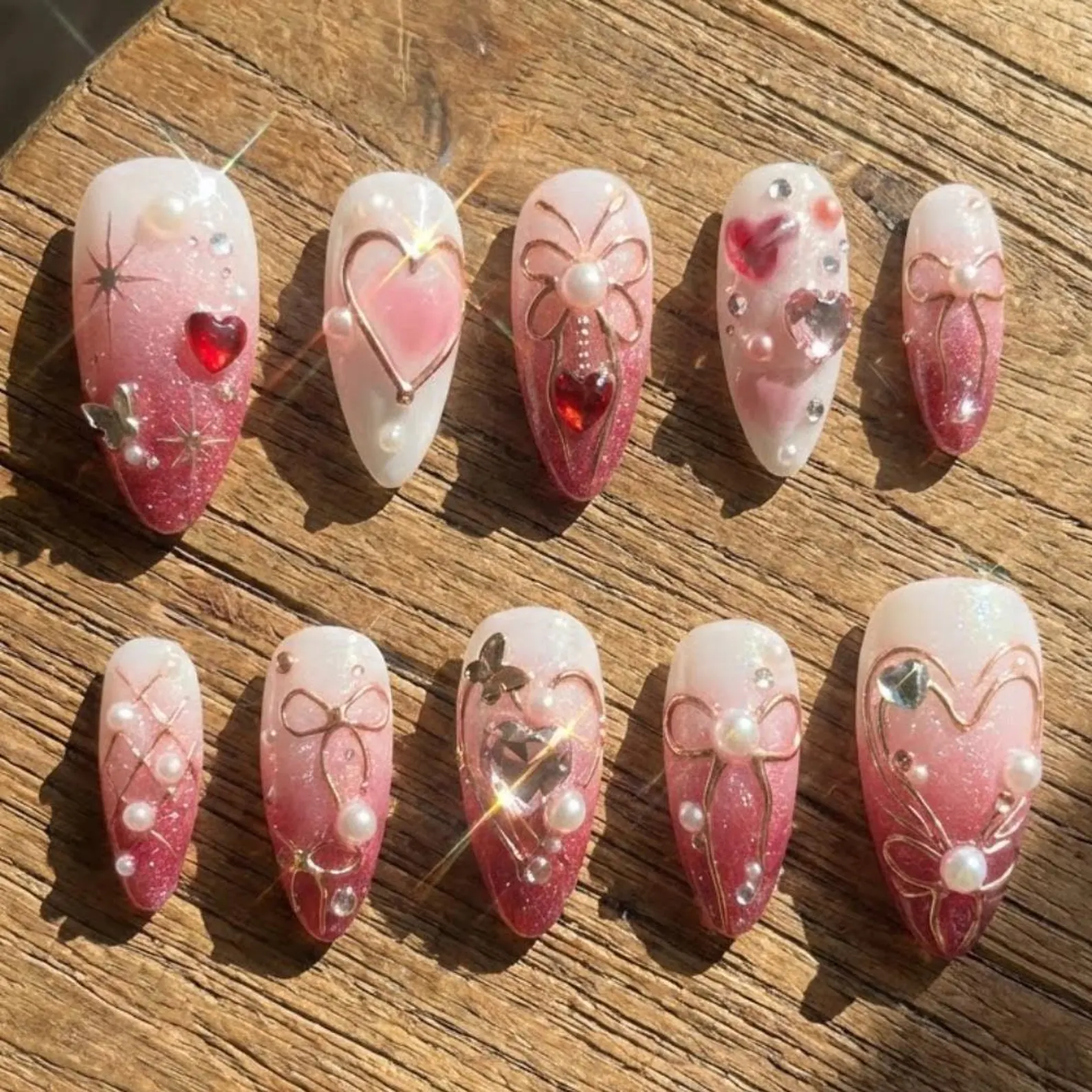 Valentine's Day Press On Nails, 3D Heart Bow, Shimmery Coquette Pearl - Media 3