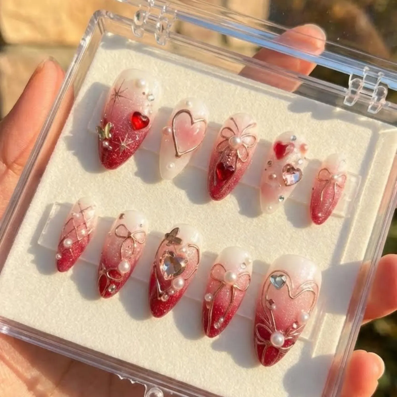 Valentine's Day Press On Nails, 3D Heart Bow, Shimmery Coquette Pearl - Media 4