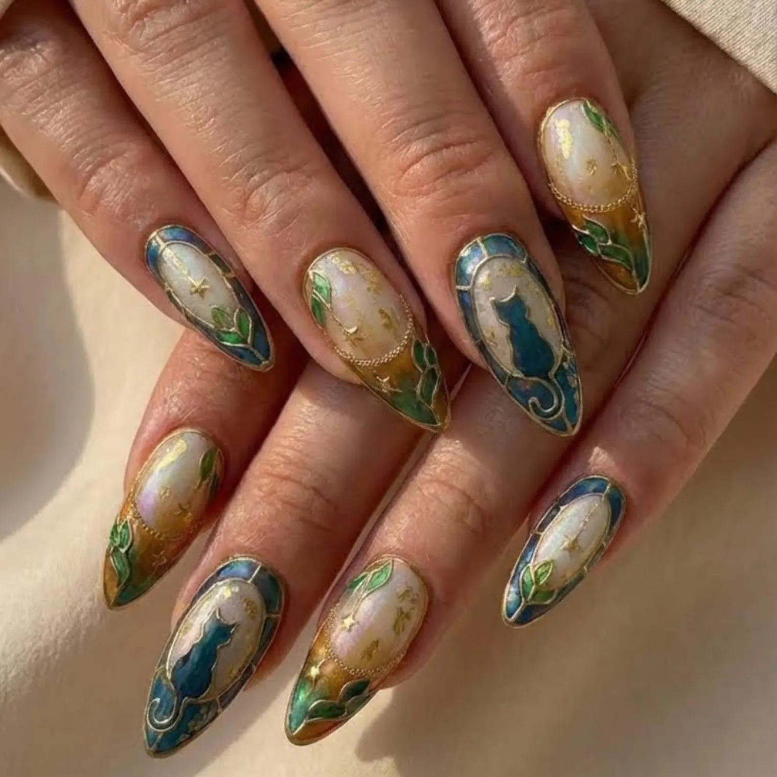 Mystical Cat Press On Nails, 3D Gold Moon Stars, Stained Glass Nail Art - Media 3