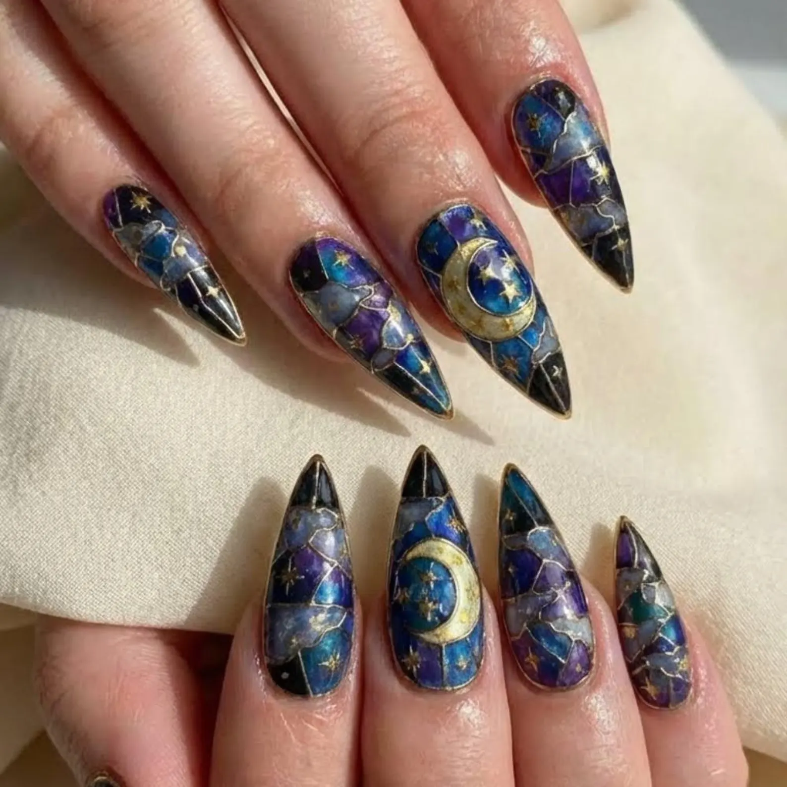 Stained Glass Moon and Stars Press On Nails, 3D Gold Mosaic Galaxy Art