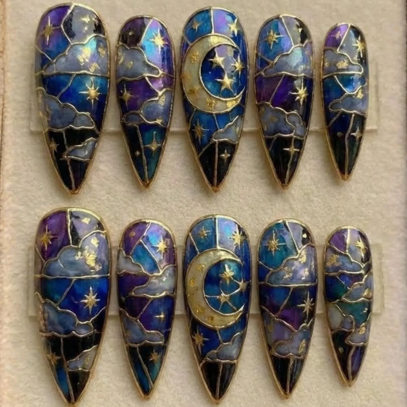 Stained Glass Moon and Stars Press On Nails, 3D Gold Mosaic Galaxy Art - Media 2