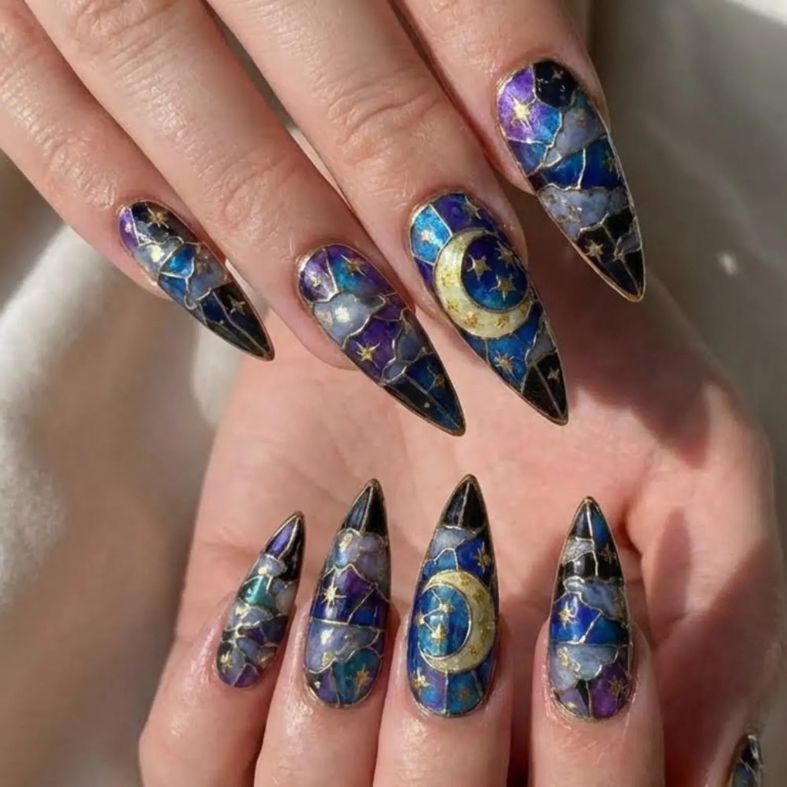 Stained Glass Moon and Stars Press On Nails, 3D Gold Mosaic Galaxy Art - Media 4
