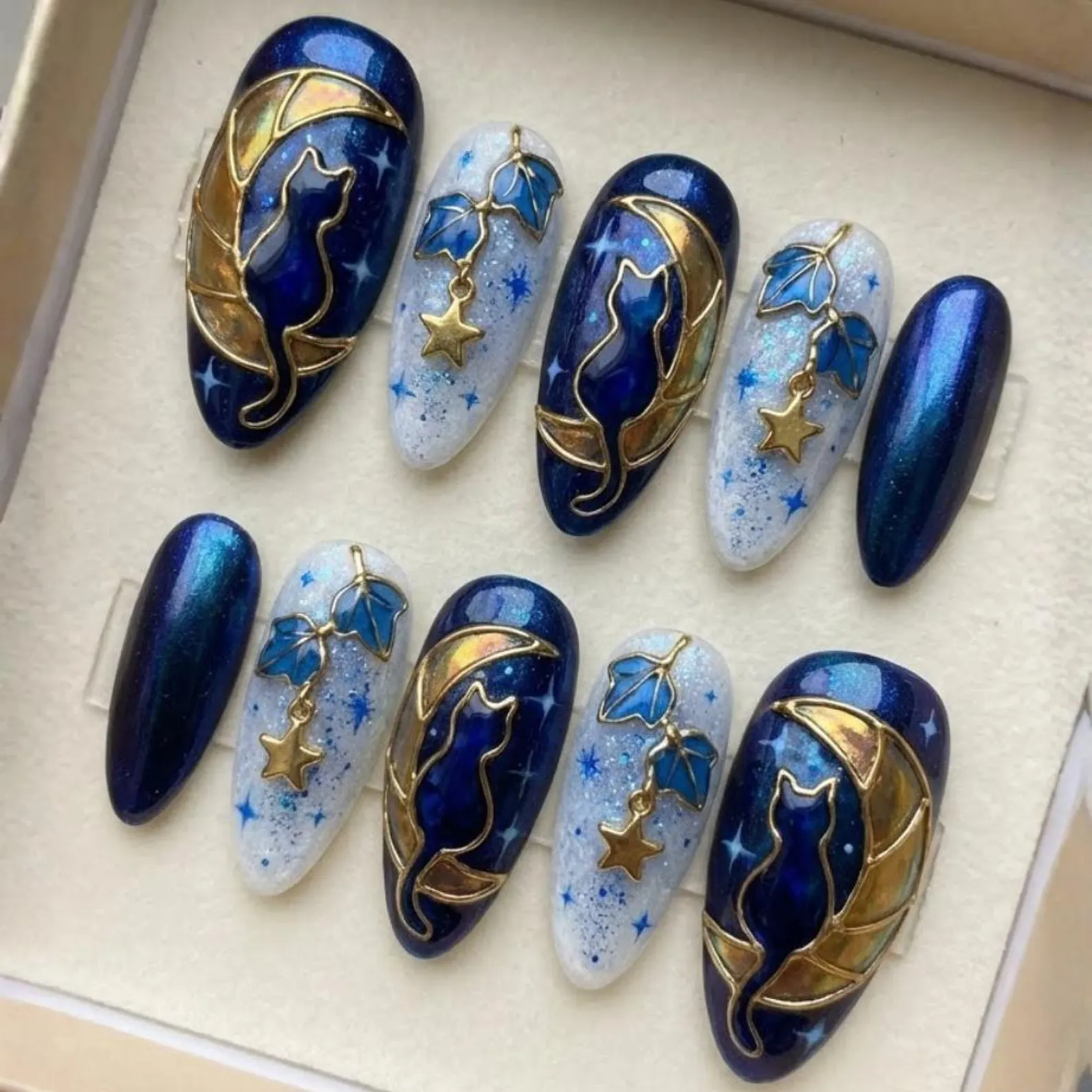 Midnight Cat Moon Press On Nails, 3D Gold Stars, Stained Glass Art
